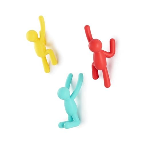 Umbra Buddy Wall Hooks – Decorative Hanging Hooks for Coats, Scarves & More, Set of 3, Black — Sky Blue, Yellow, Red