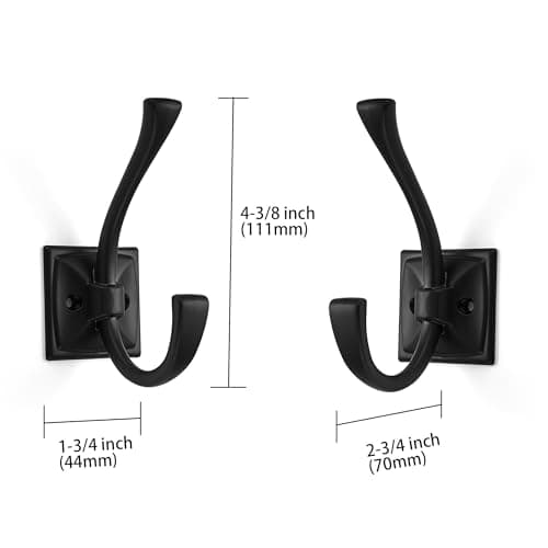 5 Pack Matte Black Wall Hooks for Coats, Towels, Bags - 4.35 Inch Double Robe Hooks