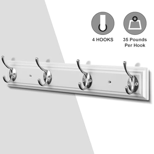 White Wall Mount Coat Rack, 17" Wood & 4 Hooks, Heavy Duty Zinc Alloy, Perfect for Bedroom, Bathroom, Kitchen
