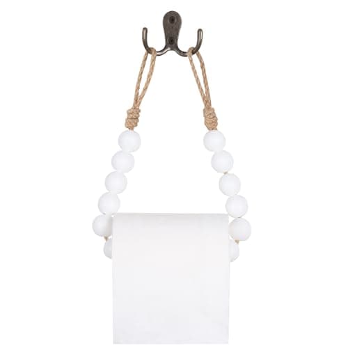 OCIOLI Black Natural Wood Bead Toilet Paper Holder Wall Mount Bathroom Towel Holder — White