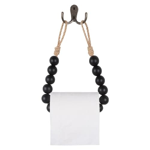 OCIOLI Black Natural Wood Bead Toilet Paper Holder Wall Mount Bathroom Towel Holder