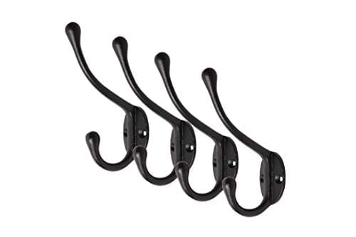 CRAFTSMAN ROAD Vintage Cast Iron Wall Hooks - Black, Set of 4 | Farmhouse Coat Hooks | Classic Slender Design
