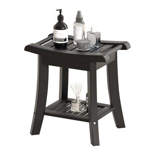 Black Bamboo Shower Bench Stool with Storage for Small Spaces