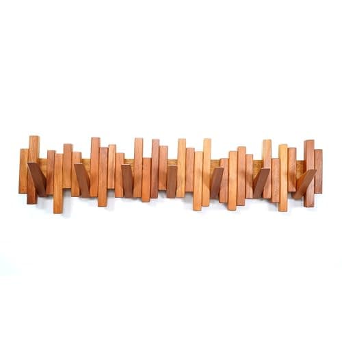 Wooden Wall Mount Coat Rack with 7 Unique Hooks in Natural Walnut — Cherry