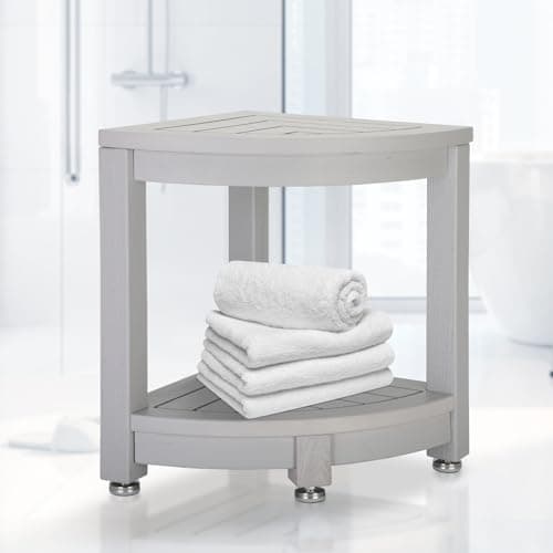 Magam Waterproof Teak Shower Stool with Storage & Non-Slip Feet (Gray)