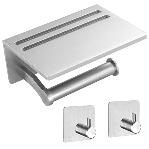 Rustproof Black 3M Adhesive Toilet Paper Holder with Phone Shelf — Brushed Nickel - 2 Hooks