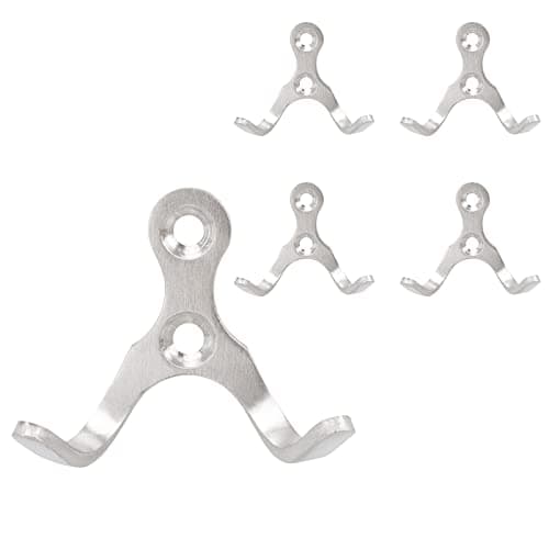NearMoon Heavy Duty Double Prong Coat Hooks, Wall Mounted Stainless Steel, 5 Pack - Brushed Nickel for Towels, Hats, Keys, and Bags