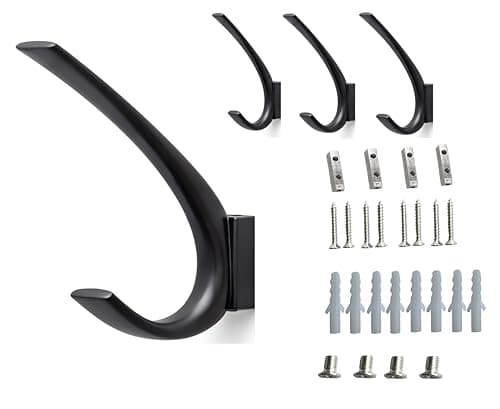 Heavy Duty 4 Pack Matt Black Coat Hooks for Wall