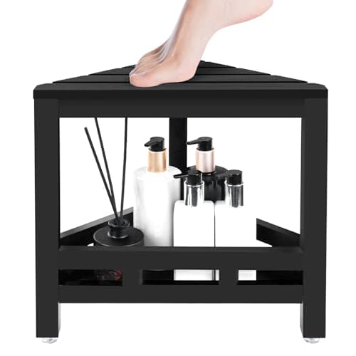 Updated Bamboo Corner Shower Stool, Waterproof with Storage, Anti-Slip Pad (Black)