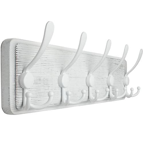 Rustic WEBI Wall Mount Coat Rack, 5 Hooks, Brown — White/White