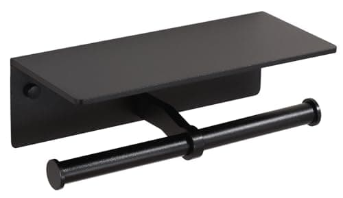 Toilet Paper Holder with Shelf & Cell Phone Storage - Adhesive or Screw Mounted — Black-2 Rolls