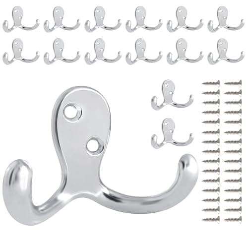 10 Pack Heavy Duty Wall Hooks for Coats, Bags, and Towels - Metal Double Prong (Black) — Silver-15pack