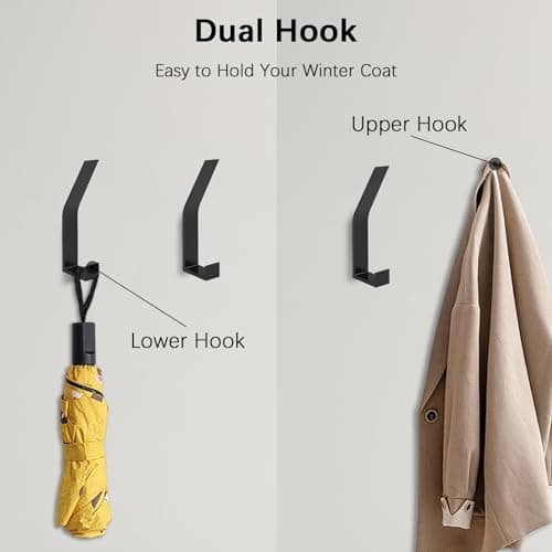Heavy Duty 6 Pack Wall Mount Coat Hooks - Black, Decorative Metal for Mudroom Bathrobe Hanging