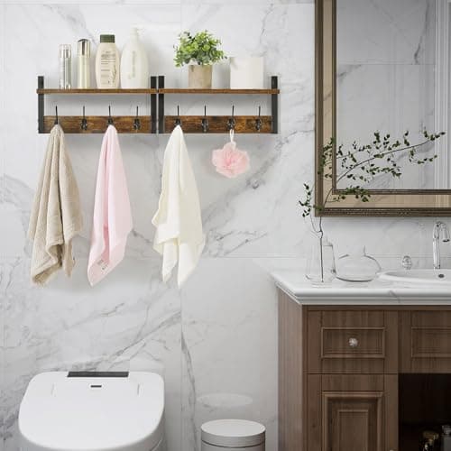 Rustic Brown Wall Mounted Coat Rack with 8 Hooks and Shelf UHWS001H-2