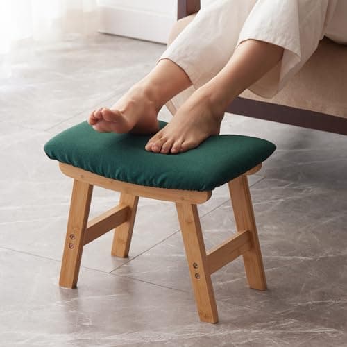 Bamboo Desk Foot Stool, Black Legs & Surface - Extra Seating — Natural Stool Legs - Green Surface