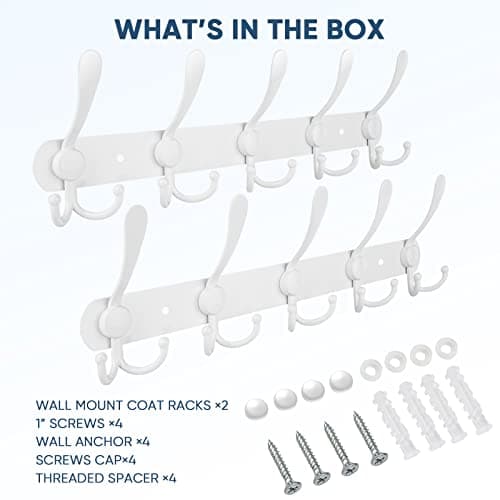 TICONN Wall Mount Coat Rack, 2-Pack White, 5 Heavy-Duty Hooks