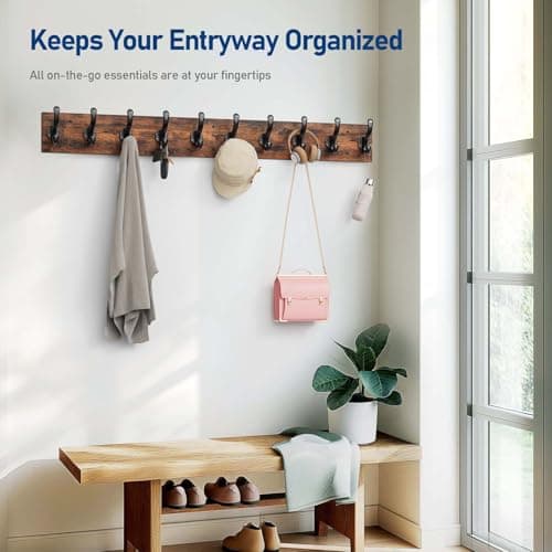 Rustic Farmhouse Coat Rack with 10 Hooks for Entryway