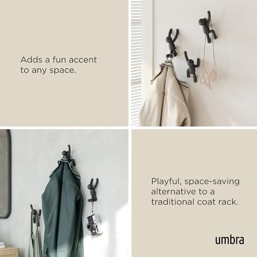 Umbra Buddy Wall Hooks – Decorative Hanging Hooks for Coats, Scarves & More, Set of 3, Black