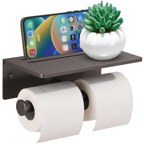 Rustproof Black 3M Adhesive Toilet Paper Holder with Phone Shelf — Matte Gray - 2 Roll