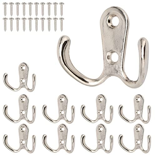 Heavy Duty Double Prong Wall Mount Coat Hooks (10 Pack, Black) — Silvery