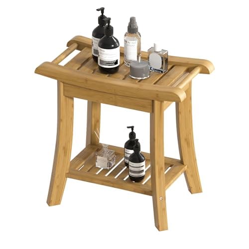Black Bamboo Shower Bench Stool with Storage for Small Spaces — Natural