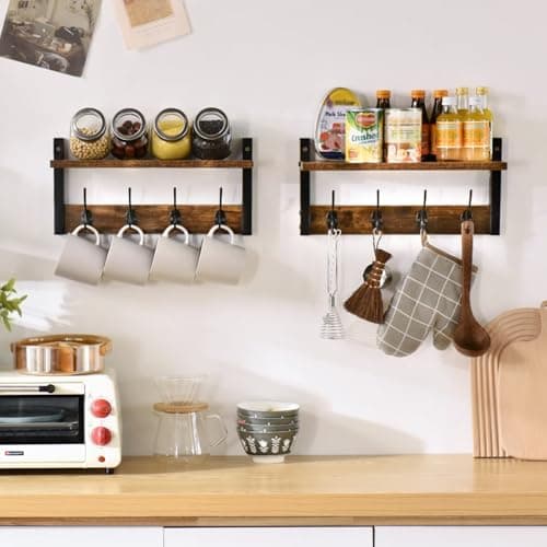 Rustic Brown Wall Mounted Coat Rack with 8 Hooks and Shelf UHWS001H-2