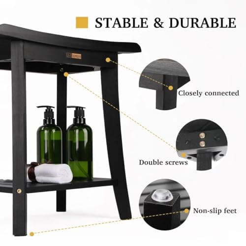 Waterproof Black Bamboo Shower Bench with Storage - Spacious for All Ages