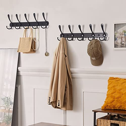 Wall Mounted Coat Rack with 5 Tri Hooks - Stainless Steel, Heavy Duty (Black, 2 Packs)