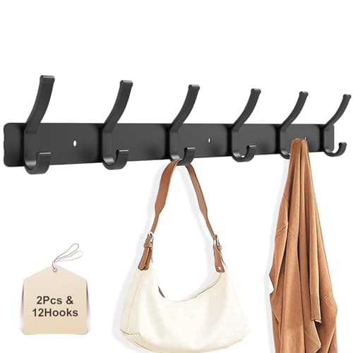 2 Pack Metal Wall Coat Rack with 6 Hooks, Black for Hats and More