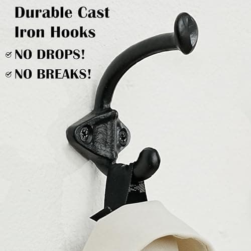 Skoolo Black Cast Iron Wall Hooks, Pack of 5 - Farmhouse Style, Dual-Direction Hanger