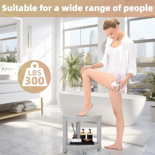 Magam Waterproof Teak Shower Stool with Storage & Non-Slip Feet (Gray)