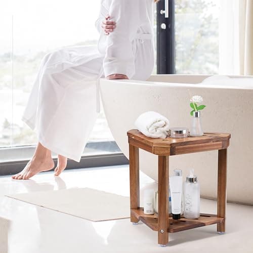 Corner Shower Foot Rest for Shaving Legs - Waterproof Acacia Wood Stool with Storage Shelf (14in)