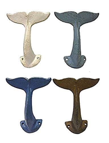 Birsppy Distressed Nautical Whale Tail Wall Hooks Set of 4