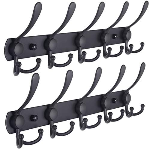 Wall Mounted Coat Rack with 5 Tri Hooks - Stainless Steel, Heavy Duty (Black, 2 Packs) — Black