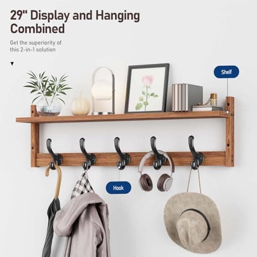 Tatub 29'' Rustic Brown Coat Rack with 5 Hooks & Shelf