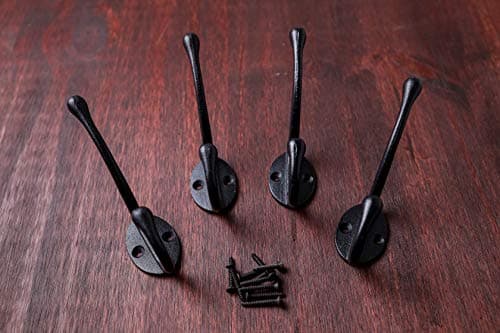 CRAFTSMAN ROAD Vintage Cast Iron Wall Hooks - Black, Set of 4 | Farmhouse Coat Hooks | Classic Slender Design