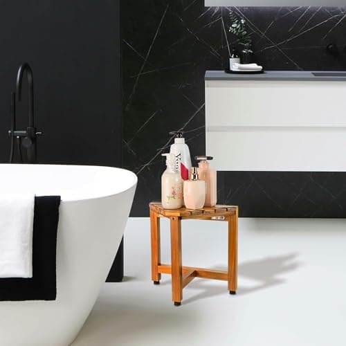 VaeFae Teak Shower Corner Bench, Wooden Foot Rest for Inside Shower