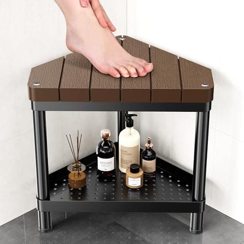Orimade Rustproof Corner Shower Bench with Storage, Waterproof Leg Shaver Seat, Bronze