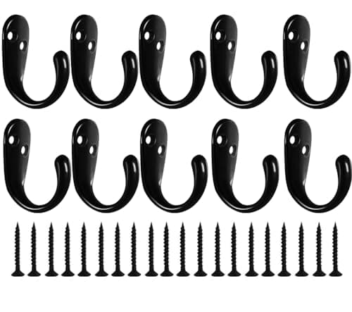 Kruodop 10-Pack Heavy-Duty Wall Hooks for Coats, Handbags, and Towels - Black Metal Hangers with Screws