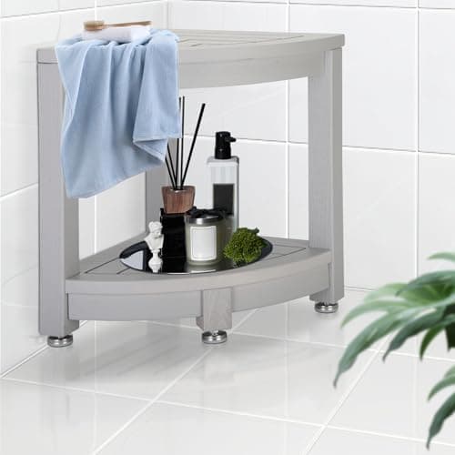 Magam Waterproof Teak Shower Stool with Storage & Non-Slip Feet (Gray)