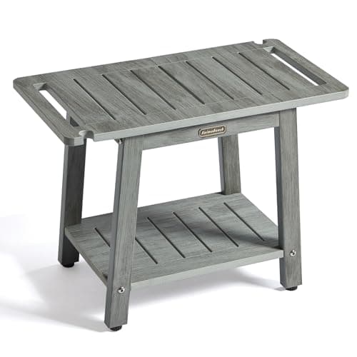 HDPS Waterproof Shower Bench Seat with Handles & Holder, Black Non-Slip Foot Rest — Grey