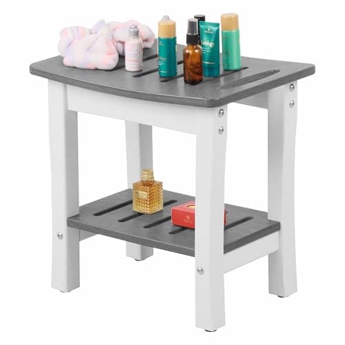 Waterproof HDPE Shower Bench with Storage and Non-Slip Shaving Shelf (Navy) — Grey&white