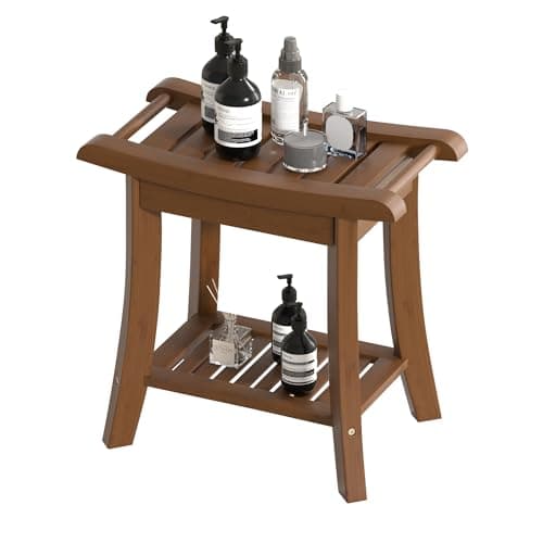 Black Bamboo Shower Bench Stool with Storage for Small Spaces — Chestnut Brown