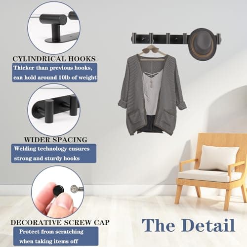 Matte Black Wall Mount Coat Rack with 2 Hooks & Stainless Steel Hangers