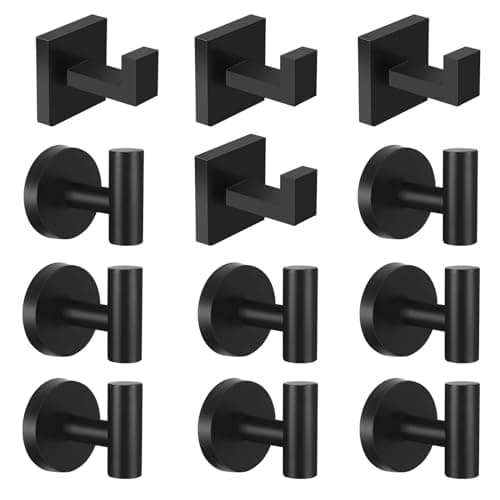 Bathroom Towel Hooks, 12pcs Mixed (4 Square + 8 Round, Black)