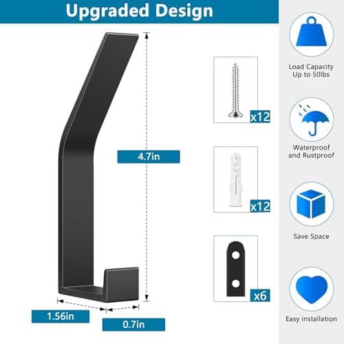 Heavy Duty Black Wall Hooks - 6 Pack Coat Rack with Towel Hooks