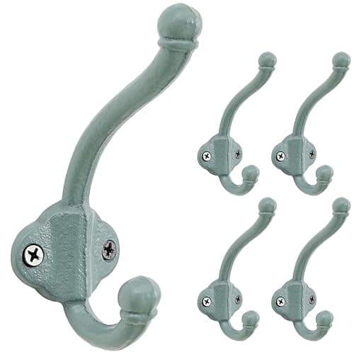 Vintage Bold Antique Black Cast Iron Wall Hooks, Heavy Duty, Pack of 5 — Mint Green