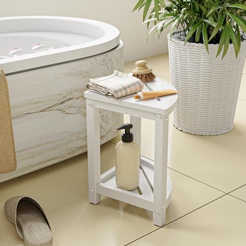 Corner Shower Stool with Storage Shelf - Waterproof HDPE Shower Seat for Indoor/Outdoor Use, White
