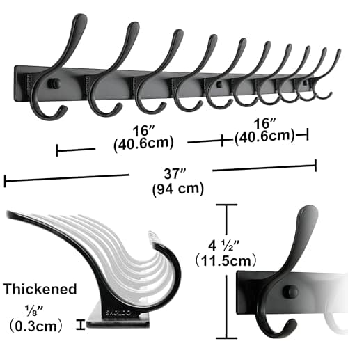 SKOLOO Heavy Duty Wall Coat Rack, 10 Hooks, Sturdy Stainless Steel, Black Pack of 2