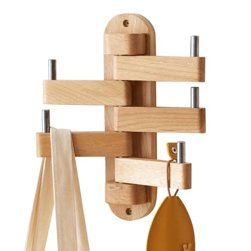 Natural Oak Swivel Coat Rack with 5 Arms for Wall (12") Kitchen Bedroom Bathroom